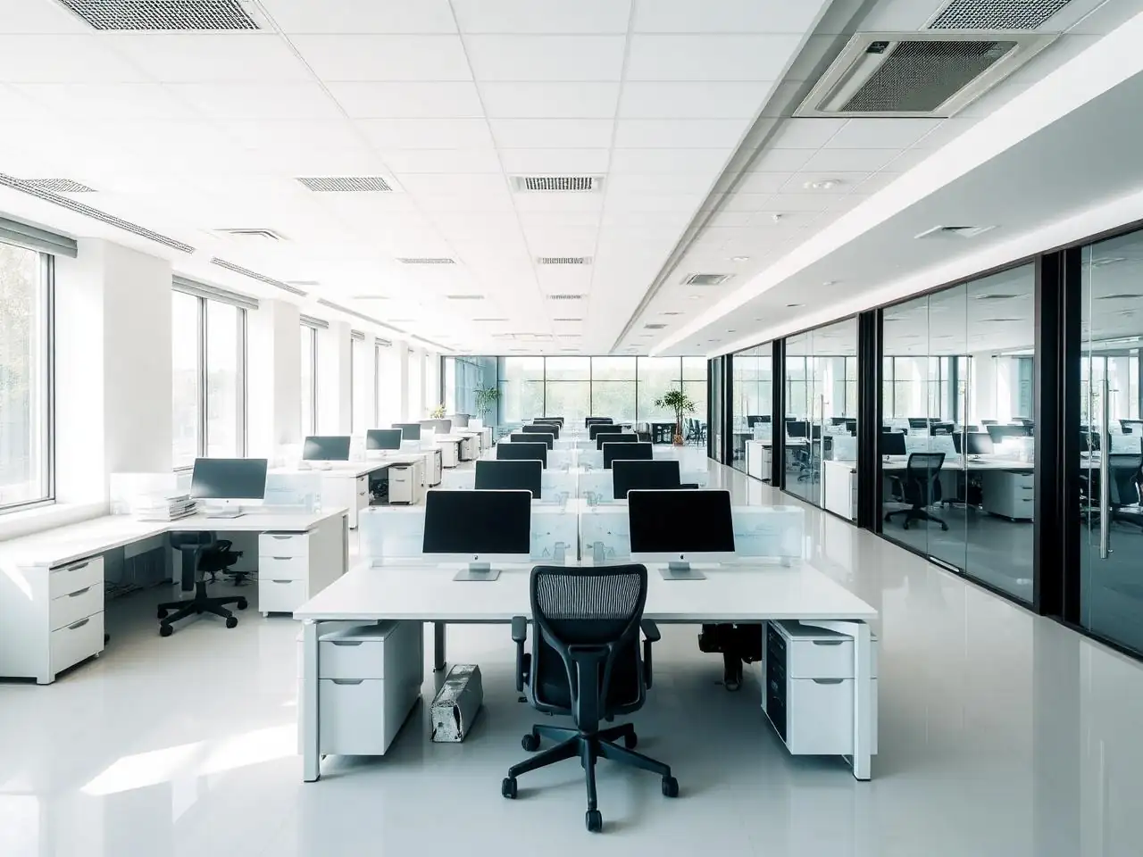 Immaculate open-plan office workspace